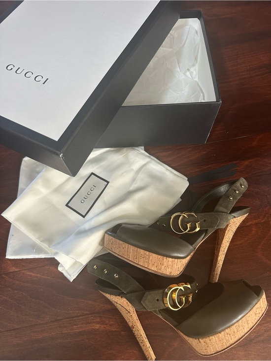 Gucci Shoes - Gucci Olive Brown Leather Platform Sandals with Gold Double G